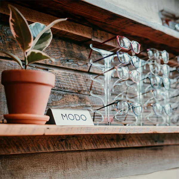 A display featuring Modo frames on a shelf at Owen Eye Care