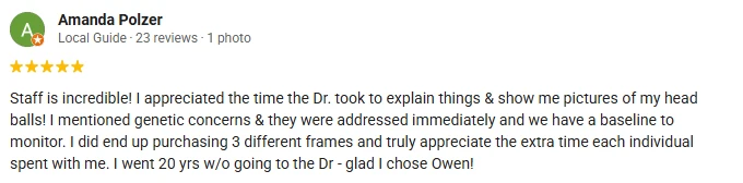 A 5-star Google Review of Owen Eye Care praising the incredible staff.