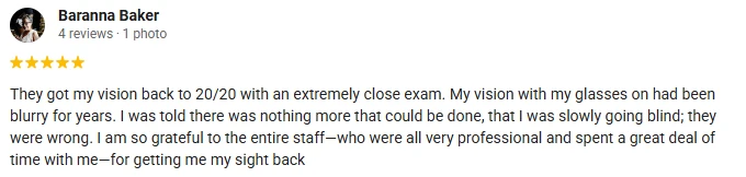 A 5-star Google Review of Owen Eye Care thanking the staff for the time spent to regain sight