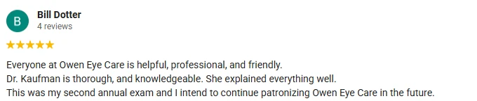 A 5-star Google Review of Owen Eye Care siting the helpful, professional, and friendly team