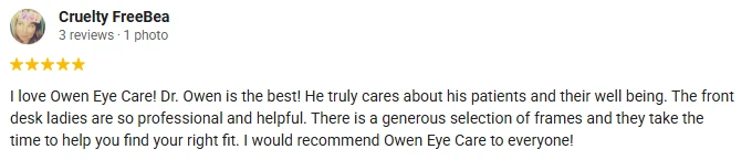A 5-star Google Review of Owen Eye Care praising the professional and helpful staff
