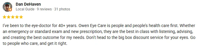 A 5-star Google Review of Owen Eye Care thanking the office for being people-first