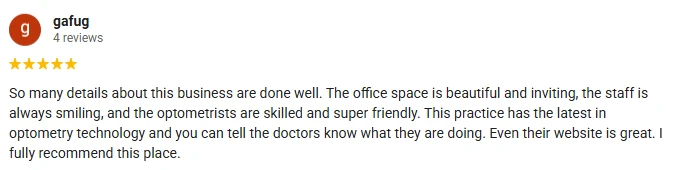 A 5-star Google Review of Owen Eye Care siting the beautiful and inviting office