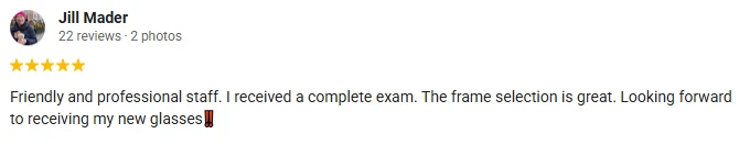 A 5-star Google Review of Owen Eye Care praising the staff, frame selection, and exam