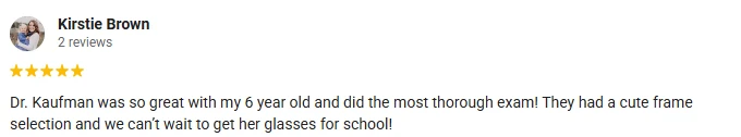 A 5-star Google Review of Owen Eye Care praising the staff's care with a pediatric patient