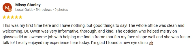 A 5-star Google Review of Owen Eye Care with nothing but good things to say